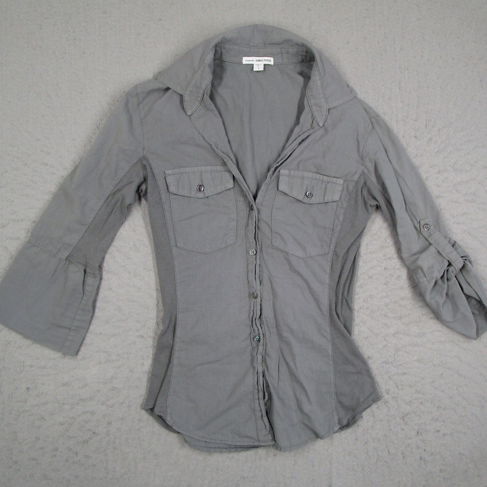 Standard James Perse Gray Cotton Roll Tab Utility Shirt Ribbed Panels WLC3321 1